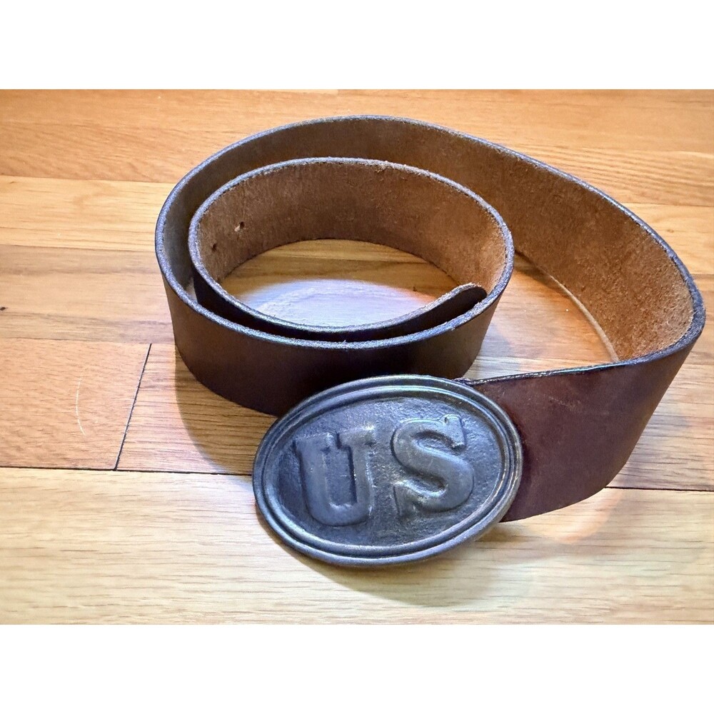Vintage Leather Belt US Buckle Western Military Style, 34